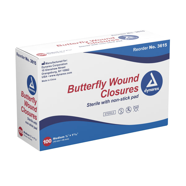 DYNAREX BUTTERFLY WOUND CLOSURE MEDIUM, 3/8" x 1-13/16", 100/BX
