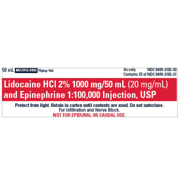 Lidocaine 2% with Epinephrine 2% 1:100,000 for Injection 50 mL Multiple Dose, 25/Pack (Rx)(Check for Availability )