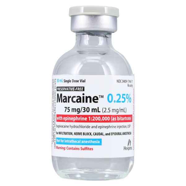 Marcaine w/Epinephrine Injection 0.25% 1:200,000 Preservative Free SDV 30mL Each