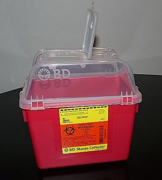 Sharps Container BD™ 10-3/10 X 11-3/10 X 6-4/5 Inch 8 Quart Red Base / Clear Lid Vertical Entry